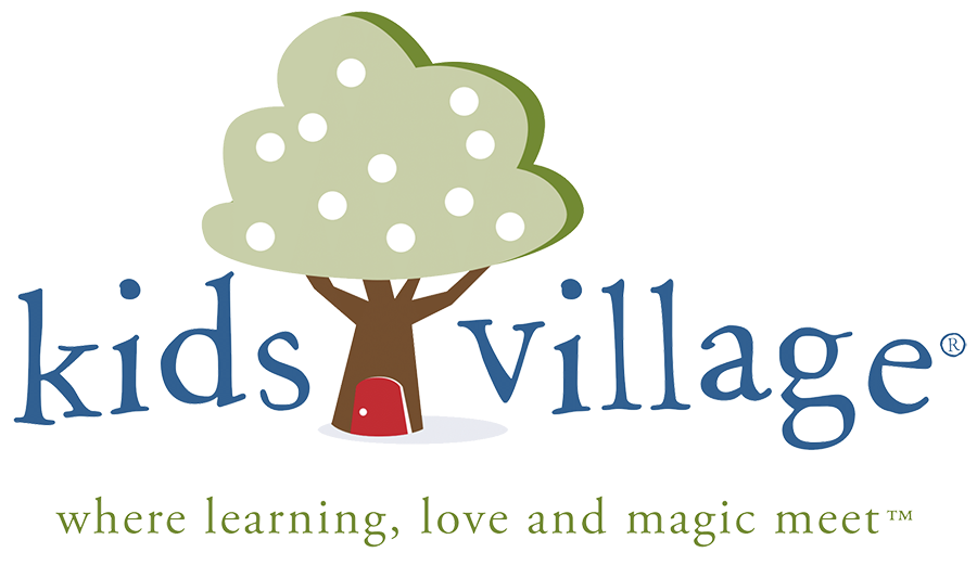 Kids Village Logo with an oak tree with a red door, and the tagline "where learning, love and magic meet"