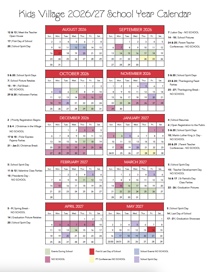 Kids Village Calendar for 2026-2027 School Year