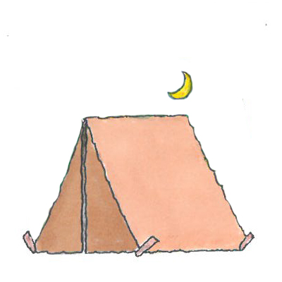 Cute hand-drawn tent with a little moon above to represent the Happy Campers 2026 summer camp for children 3 to 8 in Orem Utah