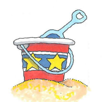 Cute hand-drawn sand pail at beach representing ocean explorers summer camp at Kids Village in orem, Utah