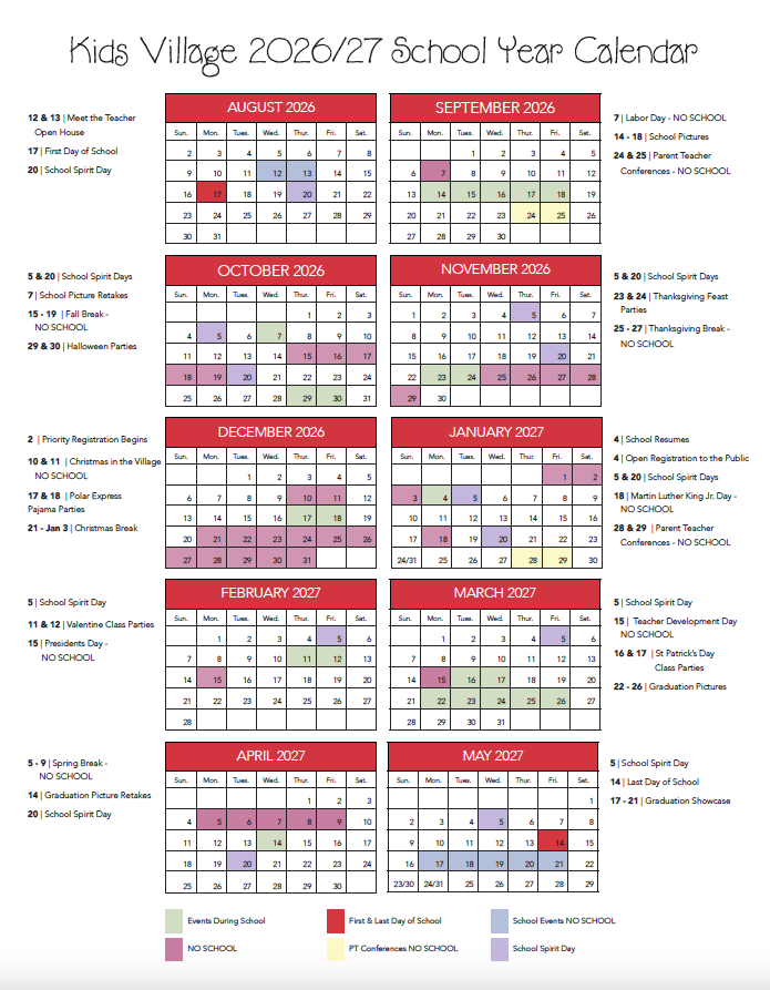 Kids Village Calendar for 2026-2027 School Year